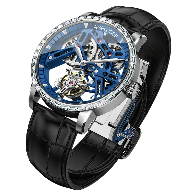 AGELOCER Скелет Механические Tourbillon для мужчин часы водонепроницаемый кожаный швейцарский бренд роскошный синий Tourbillon relogio masculino