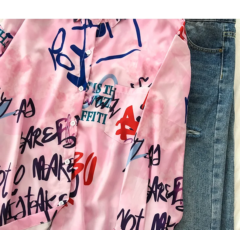 Neploe Harajuku уличная блузка, отложной воротник, длинный рукав, граффити, Женский Топ, Ретро стиль, свободная, с одной грудью, Весенняя рубашка 48400
