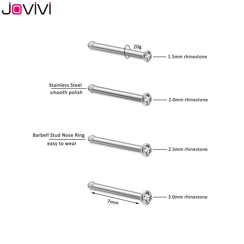 JOVIVI Новинка 6 шт. из нержавеющей стали 20 г серьги в нос, гвоздики кость ноздрил Pin Прямая форма Бар 1,5-3 мм страз украшение для пирсинга носа