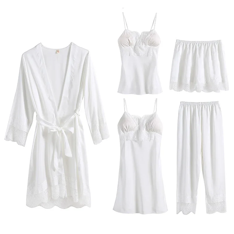 White Новинка, 5 шт., женские пижамы, ледяной шелк, на бретельках, ночная рубашка, костюм, сексуальное кружево, с нагрудной накладкой, для дома, обслуживание, Женский пижамный комплект - Цвет: White