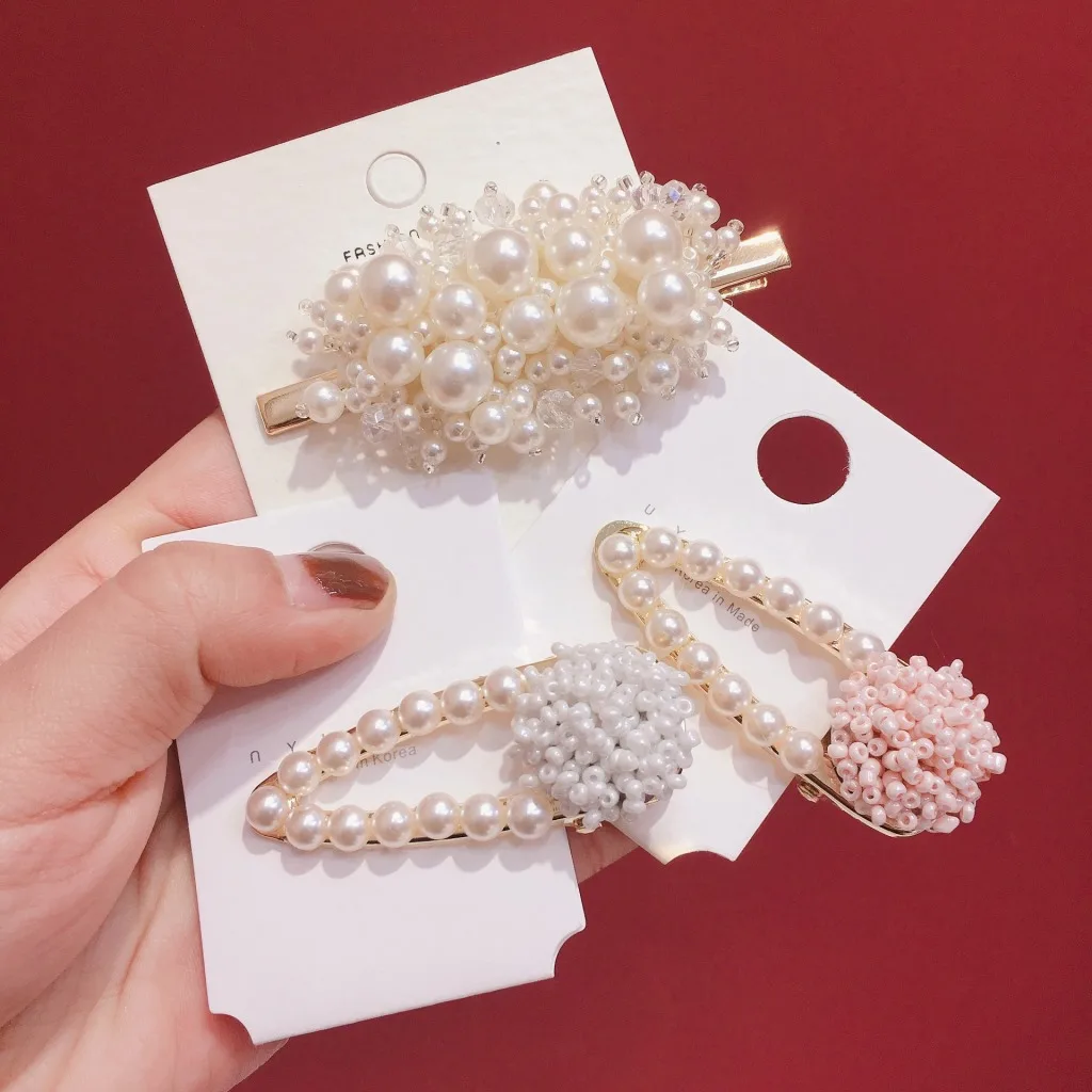 

South Korea Spring New Style Simple Feather-Shaped Pearl Water Droplet A- line Press Clip Barrettes Hair Accessories Headdress W