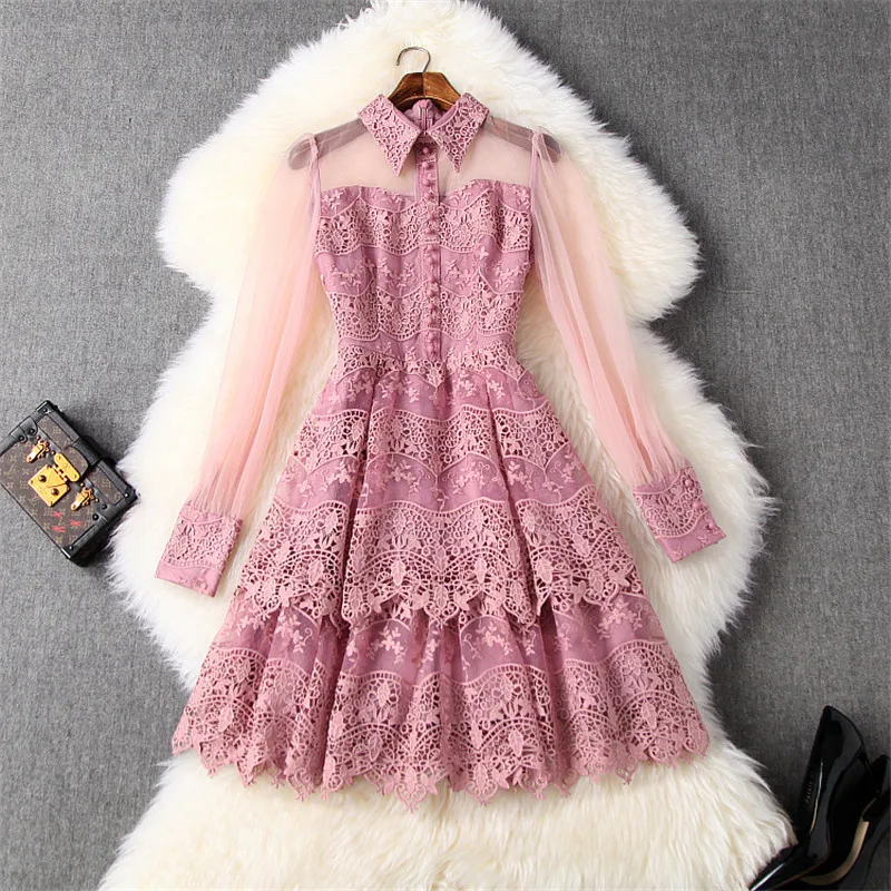 

Fashion Runway Dress Women 2020 Spring Designers Long Sleeve See Through Tulle Patchwork Embroidery Mini Sexy Lace Dress Party