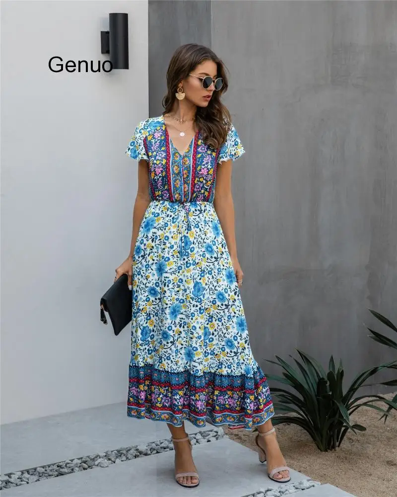 2020 Summer Fashion Print Boho Beach Dress V-neck Short-sleeved Tether European And American Style Long Female Dress
