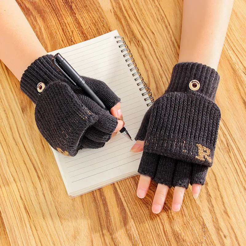 Men's Gloves Winter Half Finger Flip Cover Fingerless Clamshell Knitting Office Wool Warm Student Writing Game Women Mittens