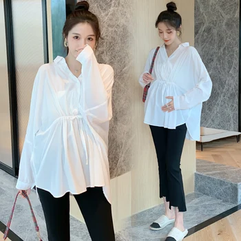

838# Autumn Korean Fashion White Cotton Maternity Blouses Loose Slim Waist Shirt Clothes for Pregnant Women Fall Pregnancy Tops