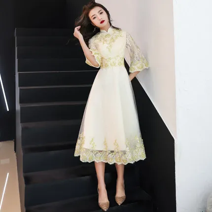 

Chinese Style Evening Dress Banquet 2019 New Style Mid-length Improved Cheongsam Annual General Meeting Host Women's Autumn And