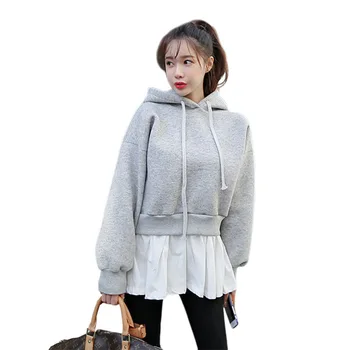 

Fashion Patchwork Sweatershirt Woman Loose With Hat Solid Color Split With White Edge Long Sleeve Hoodies Female