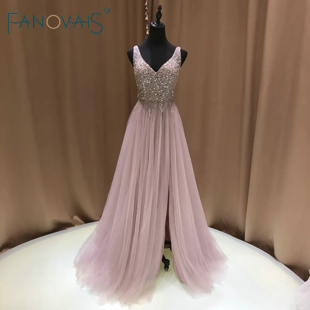 

Luxury Pink Evening Dresses 2019 Prom Dresses Long With Slit Vestido de Fiesta de Longo Robe de Soiree Evening Gowns