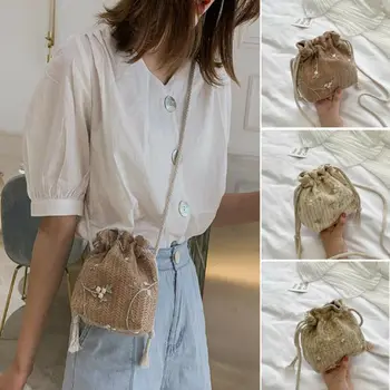 

NEW Summer Rattan Wicker Straw Ladies Crossbody Beach Handbag Basket Bucket Bag