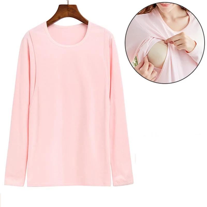 Pink Vertical Open Футболка из хлопка с длинным рукавом для будущих мам, топ для кормления, рубашка для беременных и кормящих женщин, топы для сна, подштанники - Цвет: Pink Vertical Open