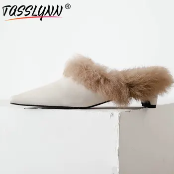 

TASSLYNN 2019 Luxury Shoes Women Designers Genuine Leather Fox Fur Slides Square Heel Slippers Women Mules Shoes Women 34-40