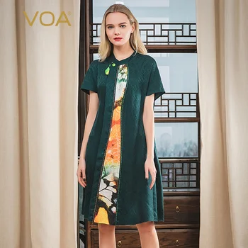 

VOA Silk 22MM Green Color Jacquard with Rotator Cuff Stitching Decorative Open-Line Crossbody One Button Loose Dress A10878