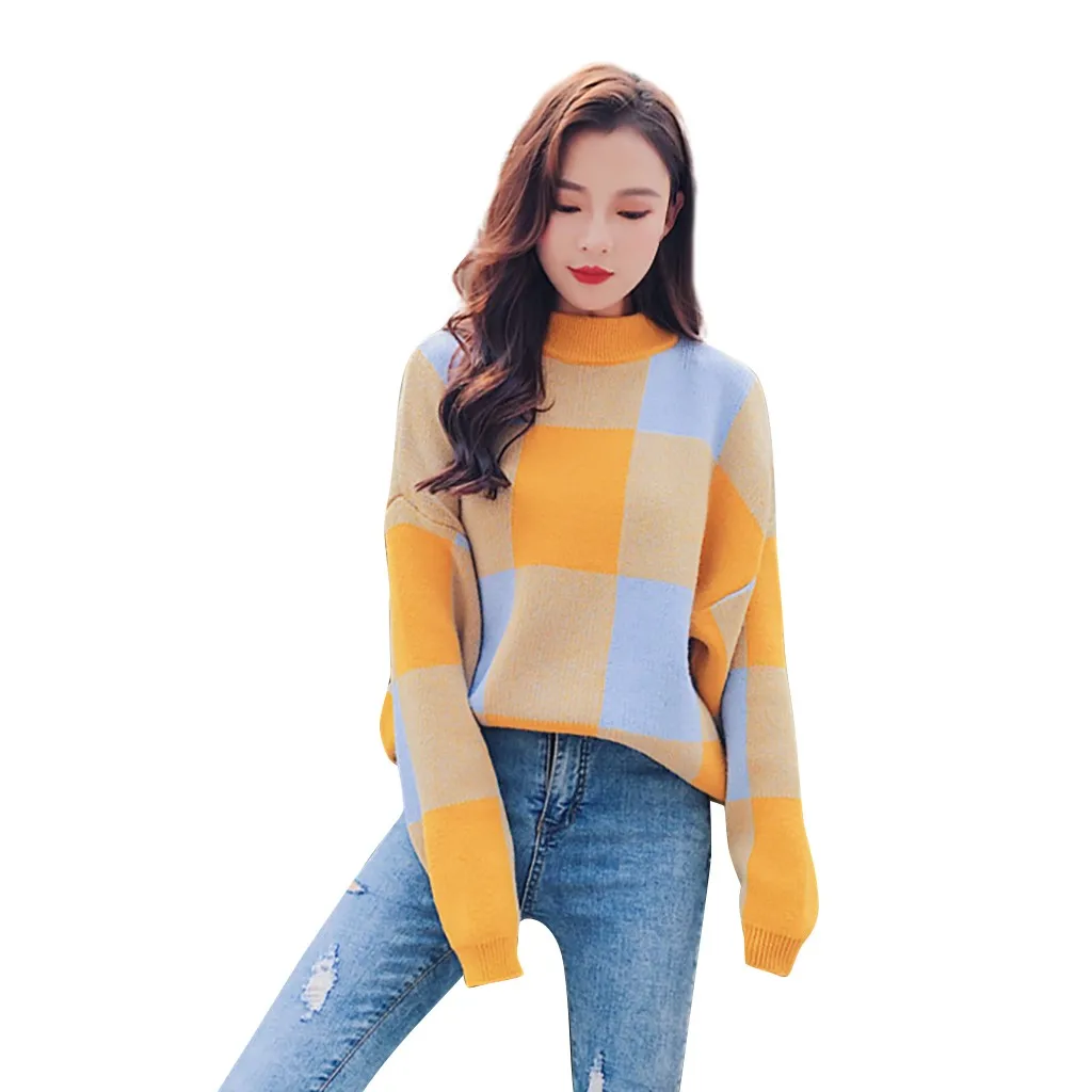 Yellow Женский свитер, коллекция 2019Top, хит, Женский Однотонный свитер в клетку с длинным рукавом, вязаный свитер, пуловер, топ, зимний свитер, Truien Dames - Цвет: Yellow