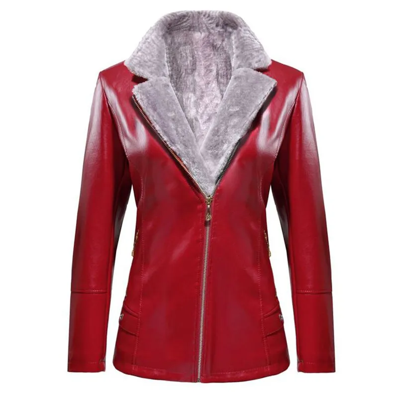 Женское пальто из искусственной кожи, зима, новое, черное, красное, размера плюс, с отворотом, длинный рукав, плюс, толстое, теплое, модное пальто из искусственной кожи JD737