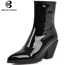 BONJOMARISA/Новинка, большие размеры 31-46, черные лакированные ботинки из Pu искусственной кожи, женские модные ботильоны «Челси» женская обувь на высоком каблуке г. Женская обувь