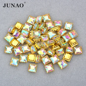 

JUNAO 50pcs 8mm Sewing Square Claw Rhinestone With Settings Golden Claw Glass Strass Sewn Fancy Crystal Stones for Wedding Dress