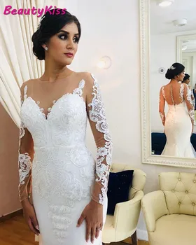 

Lace Mermaid Mesh Wedding Gown European Style Spanish Elegant Long White Country Wedding Dress 2020 Jewel Neck Bridal Dresses