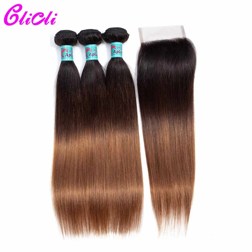  1B 4 30 ombre brazilian hair bundles with closure 3 tone color straight human hair weave bundles wi