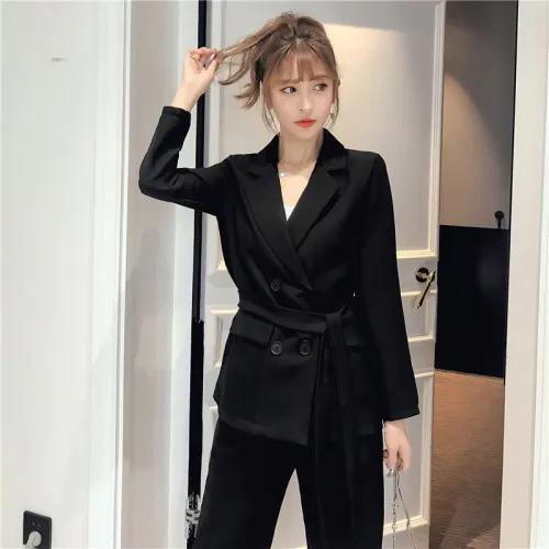 Black suit Осень Зима для женщин на шнуровке брючный костюм зубчатый Блейзер куртка и брюки офисная одежда костюмы женские наборы - Цвет: Black suit