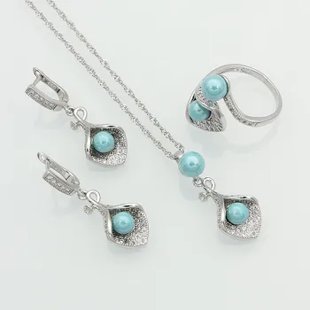 

Flowers 925 Silver Jewelry Sky Blue Pearls White Zircon Jewelry Set For Women Adjustable Open Ring/Earrings/Pendant/Necklace