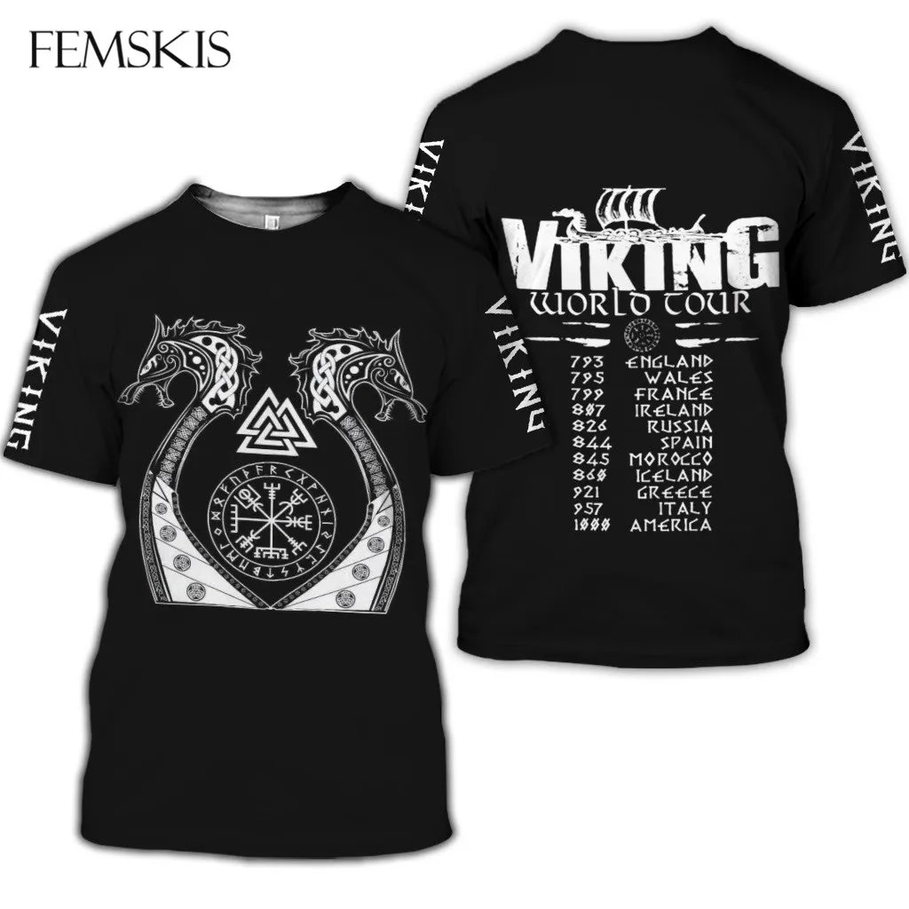 

FEMSKIS Summer Men Women Cool Viking Tattoo T Shirt 3D All Over Print T-shirts Short Sleeve Casual Top Unisex Clothes Harajuku