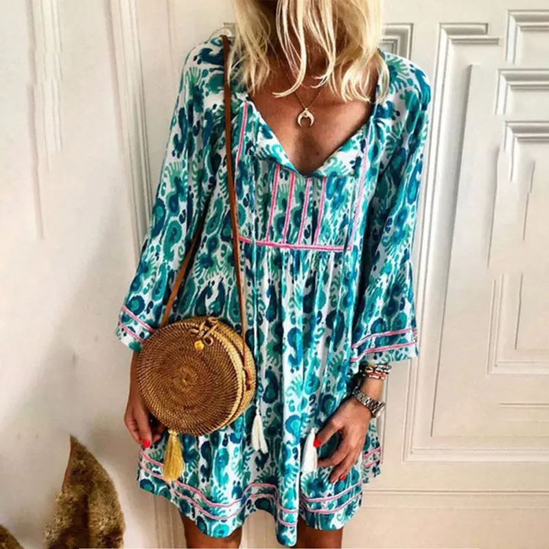 

2020 Summer Boho Dress Womens Loose V-neck Tunic Print Mini Dress Long Sleeve Patchwork High Waist Ladies Short Dresses