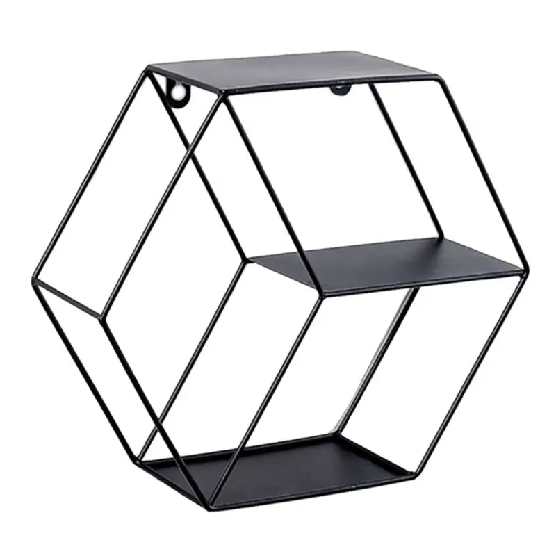 

Hexagonal Geometric Iron Grid Wall Shelf Storage Frame Floating Shelves Hanging Figure Living Room Decoration Metal Rack Wire Ba