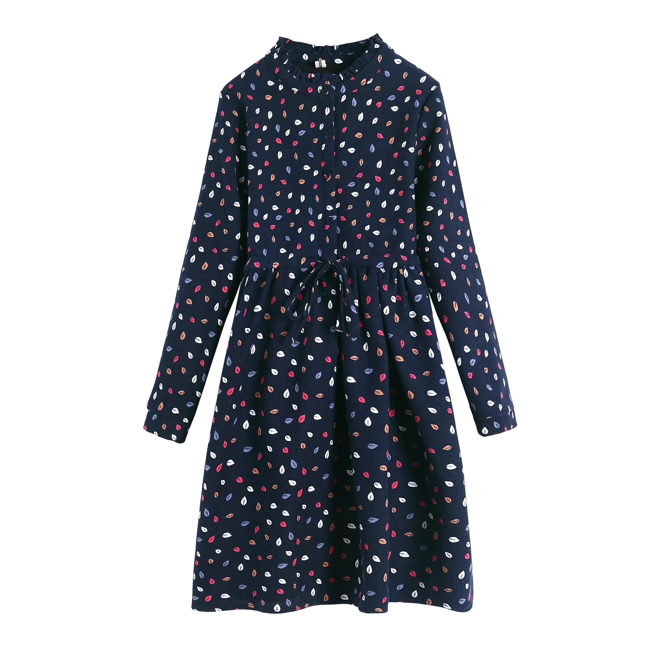 Женское плотное флисовое платье с высокой талией длинным рукавом и принтом