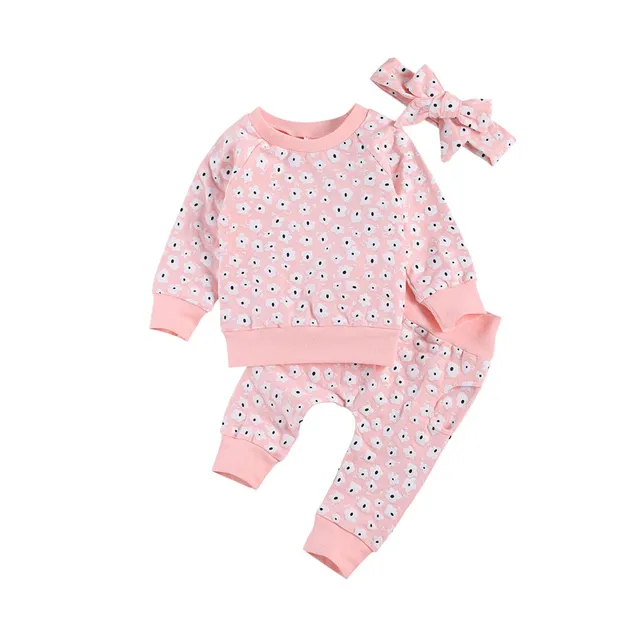 Spring New Fall Autumn Infant Baby Girls 3Pcs Set Long Sleeve Lovely Print Top Pants Headband Toddler Outfits Clothes 3