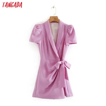 

Tangada fashion women solid purple blazer dress summer 2020 short sleeve bow ladies work mini dress vestidos 2W117