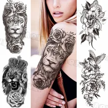 3D Lion Rose fałszywe biżuteria tymczasowe tatuaże dla kobiet dorosłych piwonia wąż ptak korona fałszywy tatuaż wodoodporny korpus Art tatuaże Tribal tanie tanio BAOFULI Jedna jednostka CN (pochodzenie) 21x11 5cm Zmywalny tatuaż