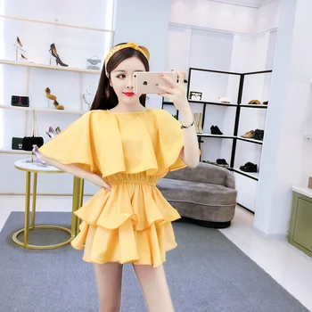 

COIGARSAM Fashion Ruffles blouse women New Summer Chiffon Solid O-Neck blusas womens tops and blouses White Yellow 9328