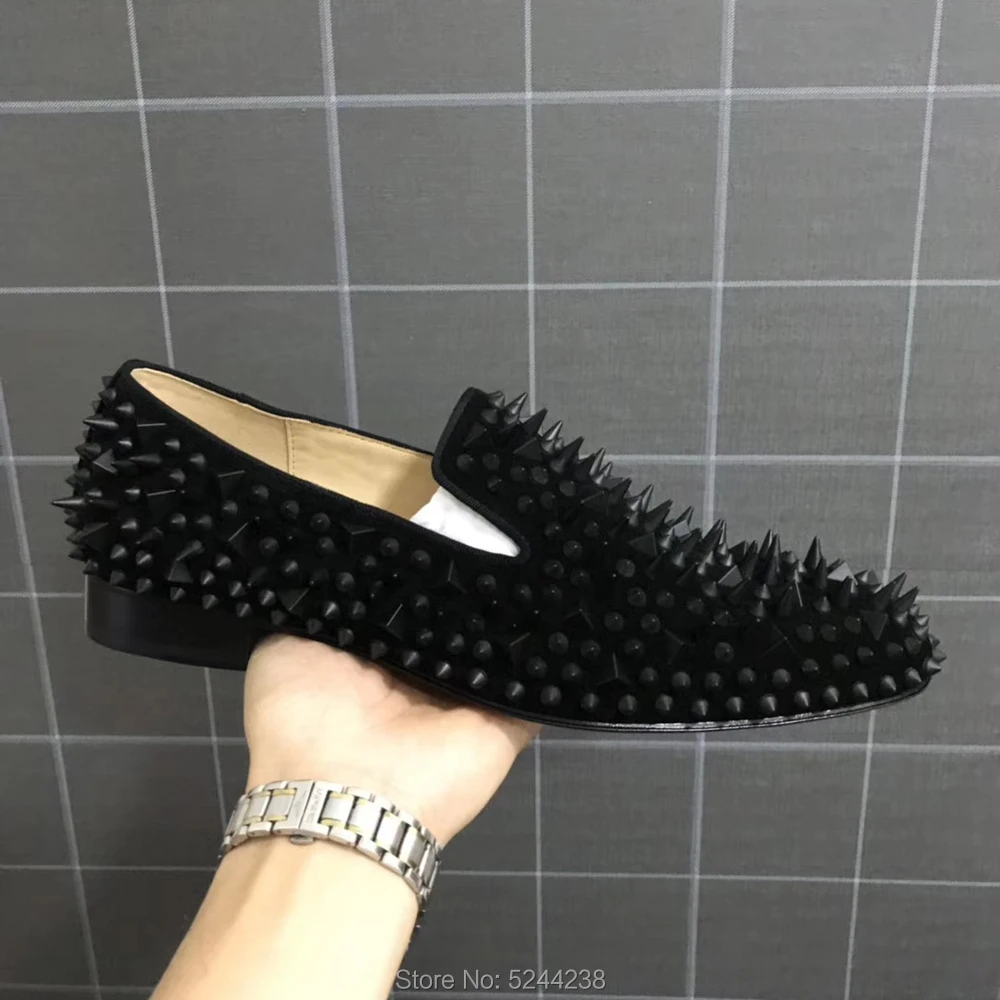 Low Cut heel Handmade Black Suede Leather messy Rivets Party Prom Loafers Thick Red bottoms for men casual loafers Dress shoes