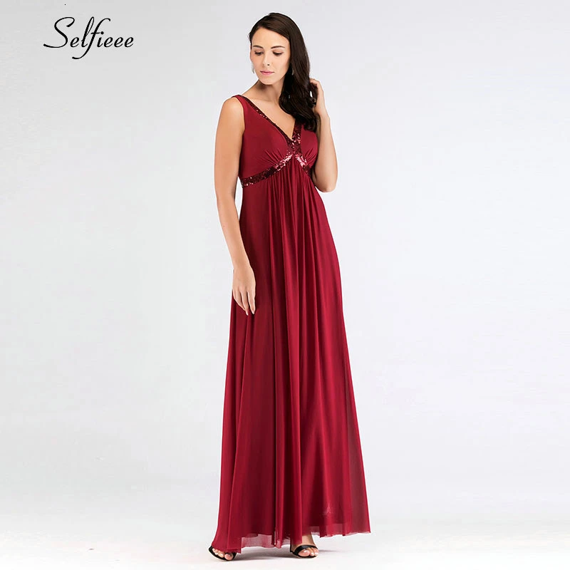 

Burgundy Maxi Dress Women Sequined A-Line Double V-Neck Sleeveless Sparkle Long Party Dress Elegant Chiffon Summer Dress 2019