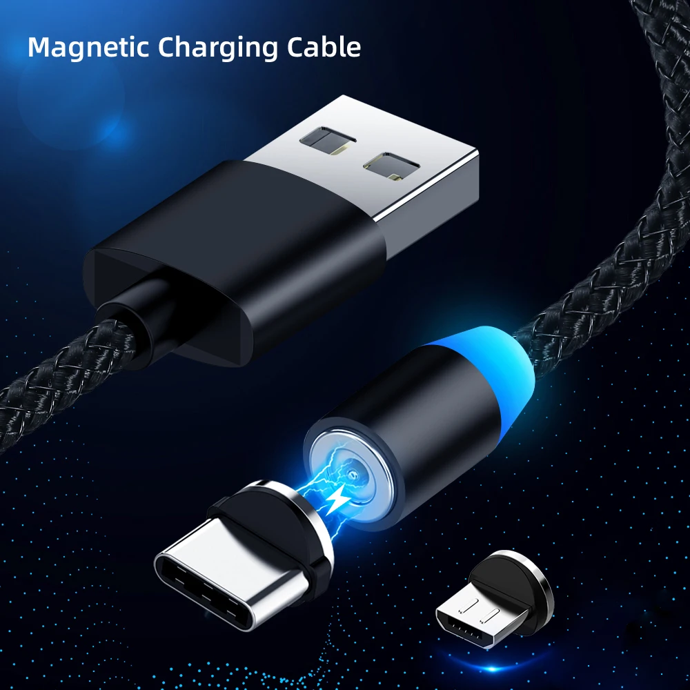 Магнитный usb кабель светодиодный с разъемом Micro USB Type C для зарядного устройства