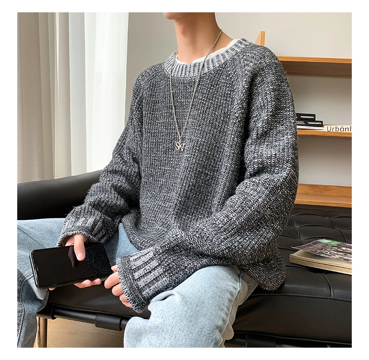 Осень и зима мужской однотонный модный Повседневный свитер Hong style Свободный пуловер рубашка хаки серый/темно-серый