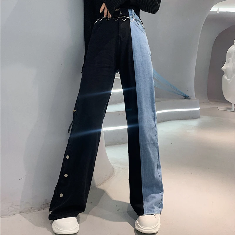 Women's Patchwork Blue Black Jeans Y2K Front Buttons Pants High Waist Loose Contrast Color Casual Trousers no Chain Streetwear