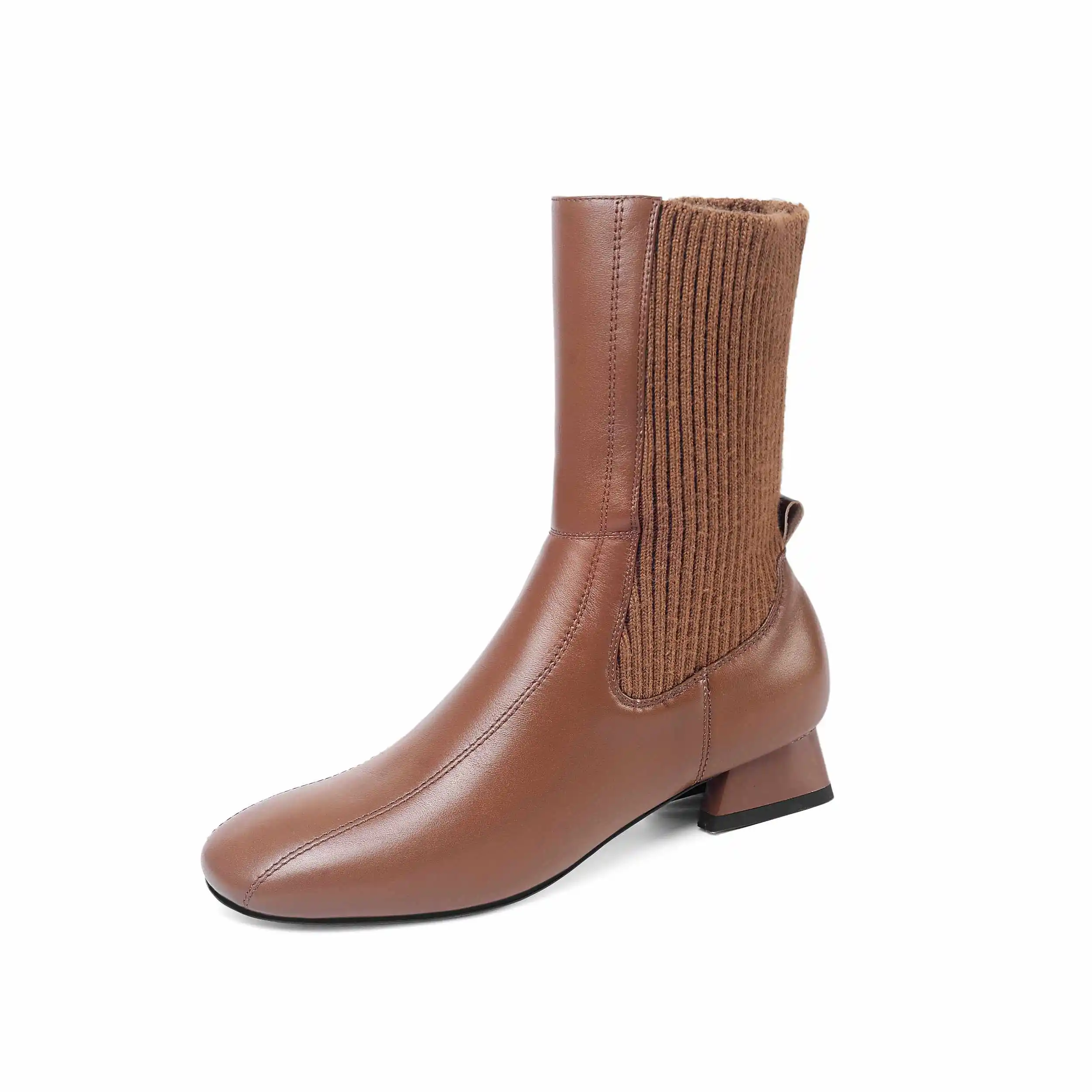 brown krazing pot leisure style genuine leather knitting boots daily wear med heels round toe winter women warm mid-calf boots L77 - Цвет: brown