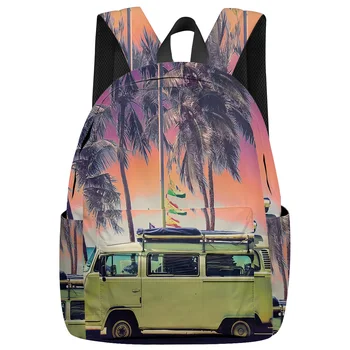 

Summer Dusk Seaside Bus Tropical Palm Trees New Fashion Backpack Casual Travel Simple Backpack Men and Women Backpack