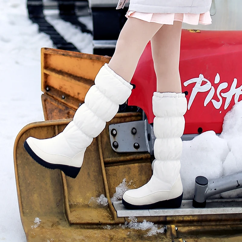 Rimocy/зима ; женские белые зимние сапоги; теплые водонепроницаемые сапоги до середины икры; женская обувь на платформе с хлопковой подкладкой; Botas Mujer