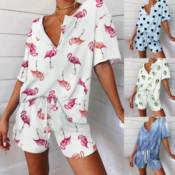 

Summer Short Sleeve Thin Sleepwear Print Loose Women Pijamas Drawstring Shorts Nightgown Soft V Neck Set Women Pajamas Sets