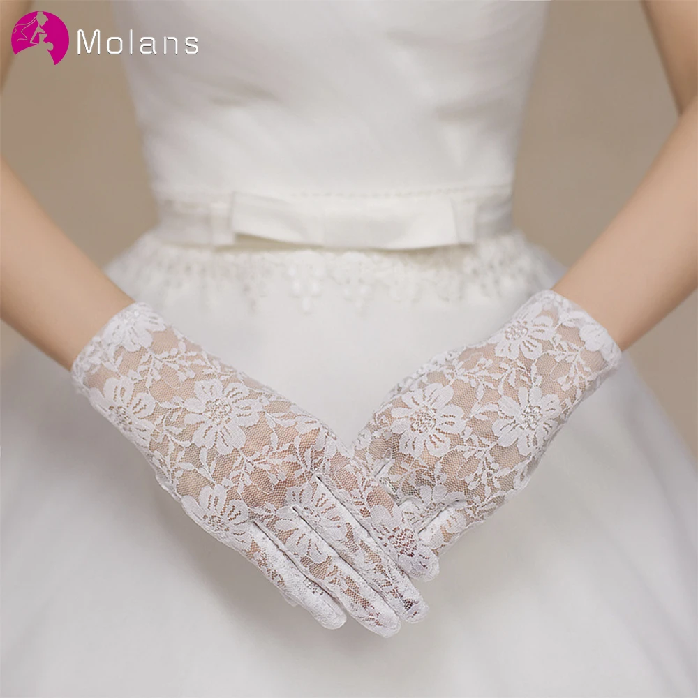 Molans атласные свадебные перчатки короткая кружевная отделка слоновая кость свадебный аксессуар невесты длина запястья Свадебная перчатка 4 цвета
