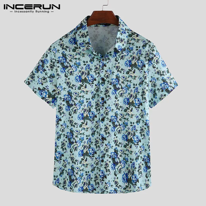 Blue INCERUN, летняя, праздничная, мужская, с цветочным принтом, короткий рукав, с отворотом, Повседневная рубашка, уличная, удобная, Джокер, на пуговицах, мужская, модная блузка - Цвет: Blue