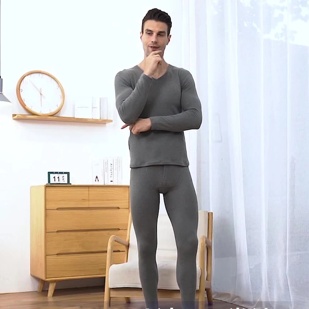 Thermal Underwear Suit Men Warm Winter Thick Clothes Long Trousers Seamless V-neck Round Neck Pants Set Dralon Keep Warm