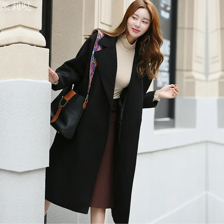 Korean Warm Womens Long Coats 2018 Winter Belt Solid Wool Blend Coat and Jacket Turn-down Collar Ladies | Женская одежда