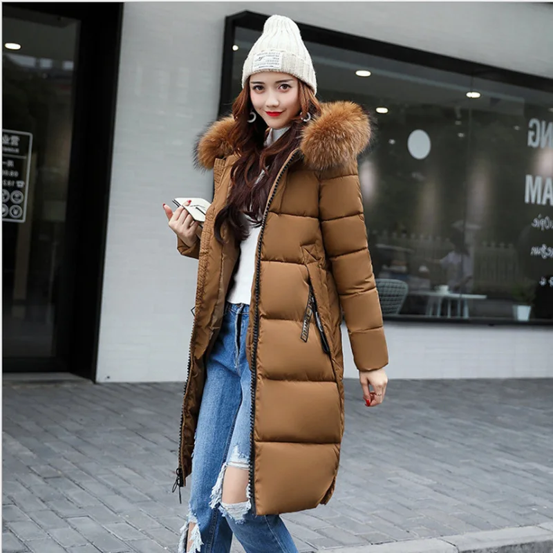 

2021 Autumn And Winter New Korean Style Slim Coat Women Mid-length Solid Color Fashion Big Fur Collar Thick Down Jacket