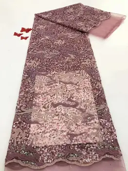 

Latest French Nigerian Tulle Mesh Lace Fabric 2020 High Quality Red Wine Sequins African Lace Fabric For Wedding Evening Dress