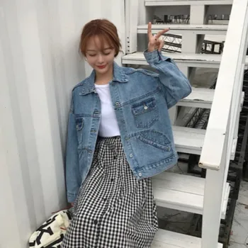 

Womens Long Sleeve Single Breasted Lapel Denim Jackets Korean Boy Friend Style Pockets Loose Streetwear Female Outwear Coats