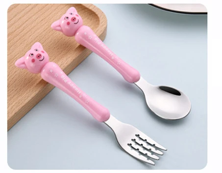 Happy pig 1 set Мультяшная детская ложка, вилка, набор для кормления ребенка, ложка из нержавеющей стали, детская посуда для еды, Детские аксессуары для мелкой посуды - Цвет: Happy pig 1 set