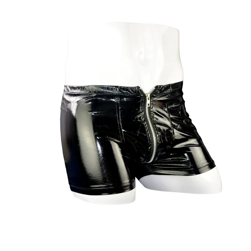 Men's Sexy Underpants PU Boxers Faux Leather Sexy Safety Zipper Patent Leather Men's Boxer Shorts Performance Pants mens string bikini underwear